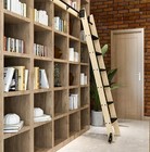 Unfinished Pine Wood Sliding Library Ladder With Metal Step Rolling Ladder