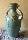 Vintage Turquoise Ceramic Vase With Amber Drip Glaze   Elephant Handles 15  Tall