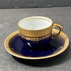 Vintage Porcelain Teacup And Saucer Navy Blue With Gold Trim
