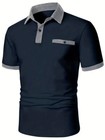 Polo T Shirt Button Up Collar Navy Blue Gray Trim Golf Pocket Tee Fashion Sports