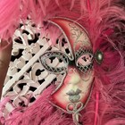 Handheld Mask Diva Face Handpainted Venezia Italy Pink Plum Feathers 24 Inch