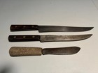 Set Of Three Vintage Carbon Knives Full Tang One Hand Forged With Cork Handle