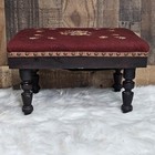 Antique Vintage Handmade Needlepoint Wood Foot Stool Footrest Floral Burgandy 