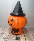 Vintage Halloween Blow Mold Light Pumpkin Jack-o-lantern With Witch Hat Bats Cat