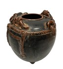 Angkor-khmer Inspired Elephant Pottery Jar In Ceremonial Dress  Dark Brown Glaze