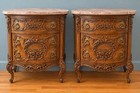 Pair Of Vintage French Carved Walnut Bureaus With Pink Marble Top