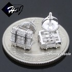 Men Women Solid 925 Sterling Silver Icy Bling Cz 7mm 3d Square Stud Earring e242