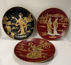 Vtg Chinoiserie japanese Inspired Plates  1-b1ack   2-red W gold Scenes Set  3 