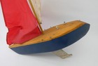 Vintage Wooden Pond Yacht Model Sailboat Red White Sails Restoration 29 5 