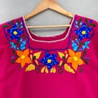 Vtg Mexican Hand Embroidered Floral Magenta Pink Peasant Blouse Boho Huipil Top
