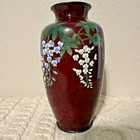 Japanese Ginbari Cloisonne Enamel Wisteria Pigeon Blood Red Vase Oriental Floral