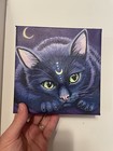 Moon Cat Original 6x6    Painting On Canvas By Krissy Whiski Uv Reactive Mini Art