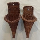 Pair Wicker Cornucopia Wall Pocket Baskets Rattan Woven Floral Decor