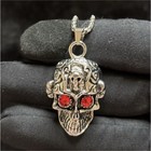 Skull Charm Pendant Necklace Silver Tone Box Chain Red Round Stones Bezel