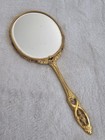 Vintage Oval Ormolu Gold Tone Vanity Hand Mirror Ornate Floral Hollywood Regency