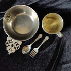 1800s Vtg Silver Plate Baby Child Set Embossed Duck Bowl Cup Fork Spoon Oneida