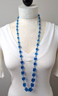 Antique Czech Royal Blue Cube Bead Crystal  Glass Necklace 40  Long Hand Knotted