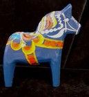 Vtg Handcrafted Blue Dala Horse 1990s 3 5in  Orange  White yellow Floral Design