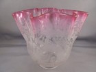Antique Blown Glass Flower Foliage Etched Cranberry To Clear Ruffled Lamp Shade 