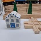 Wooden Railway Train Set 26 Pc Lot Tracks Cars Buildings Trees Brio Compatible
