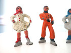 Set Of 4 Vintage Barclay Skaters Christmas Figures Lead Orange Blue   2 White