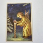 Vintage Mid Century Christmas Greeting Card Angel Lighting Candle Blue Gold
