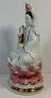 Vintage Chinese Porcelain Guan Yin Statue Pink Lotus Gold Trim Figurine 10  Tall