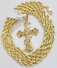 10k Gold Rope Chain Necklace Jesus Cross Charm Pendant Set 18-28  Inch 5mm  Real