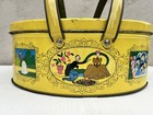 Vtg Yellow Sewing Tin Basket Double Swing Handles   Lid Victorian Container