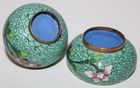 Chinese Cloisonne Open Salt Pepper Shaker Pink Red Flower Over Green Never Used