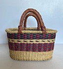 Vtg Bolga Market Basket-african Ghana Hand Woven Straw  W  Leather Handles Oval