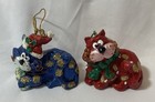 2 Christmas Ornaments Red   Blue Cat Hand Painted With Wire   Glitter 2 5 