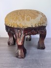 Vintage Hand Carved Small Wooden Stool Upholstered Yellow