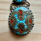 Vtg Tibetan Nepalese Brass Amulet Pendant 2 5 Inch Turquoise Coral Mosaic Inlay