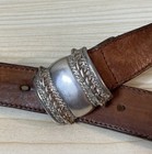 Vintage 90s Brown Leather Belt With Silver Tone Buckle Size M Rodeo Western