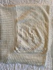 Vintage Soft Knit Off White Baby Blanket With Blue Pink Embroidered Flowers Bow