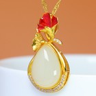 S925 Silver Jade Teardrop Pendant With Red Flower Silver Chain