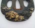 Antique Japanese Lion And Peony Iron Tsuba Sword Guard Brass Gold Tone Inlay