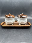Vintage Fenton Milk Glass Hobnail Mustard Jars With Wooden Lids   Spoons Tray