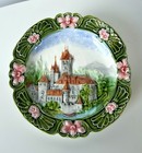 Antique German Majolica Plate   Mountain Castle With Moat And Floral Boarder  3d