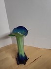 Vintage Mcm Green And Cobalt Blue Handblown Art Glass Trumpet Vase Murano Style