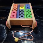 Vintage Playskool Wooden Pull Toy Wagon With Blocks Cylinders   Rods 19 Pieces