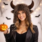 Brown Viking Horned Buffalo Hat  Halloween Costume Trooper Cap