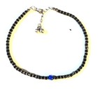 Evil Eye Black Crystal   Silver Bead Anklet 11    Mod Vtg Hsndmade Minte