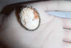 Antique Sterling 900 Carved Shell Cameo Brooch pendant Marcasite Accents