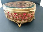 Vtg Gold Filigree Metal Ormolu Trinket Jewelry Box Heart Casket Beveled Glass 7 