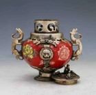 Chinese Porcelain Inlaid Tibetan Silver monkey Lid Incense Burner