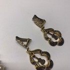 Lot Of 2 Vintage Costume Earrings Clip On Gold Tone Dangle 1 Faux Damascene
