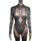 Women Black Crystals Stretch Jumpsuit Sexy Dancer Singer Wear Bodysuit Costume