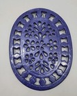 Vtg Cast Iron Purple blue Color Enamel Trivet  Cutout Oval Hanger footed 9    7 
